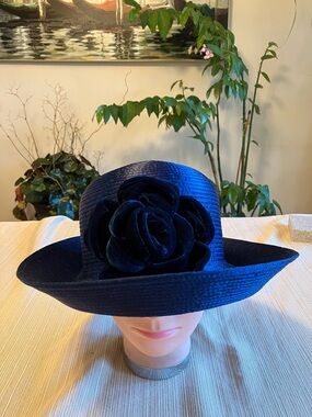 Classic Satin Ribbon Navy Wide-Brim Hat with Navy Velvet Flower